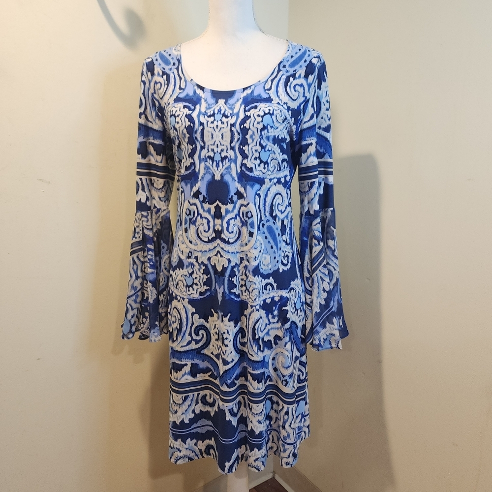 MSK Blue and White Patterned Bell Sleeves  Dress S